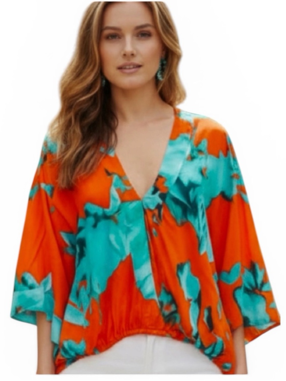 On The Road Red and Turquoise Vibrant Print Faux Wrap Kimono Sleeve Blouse Med